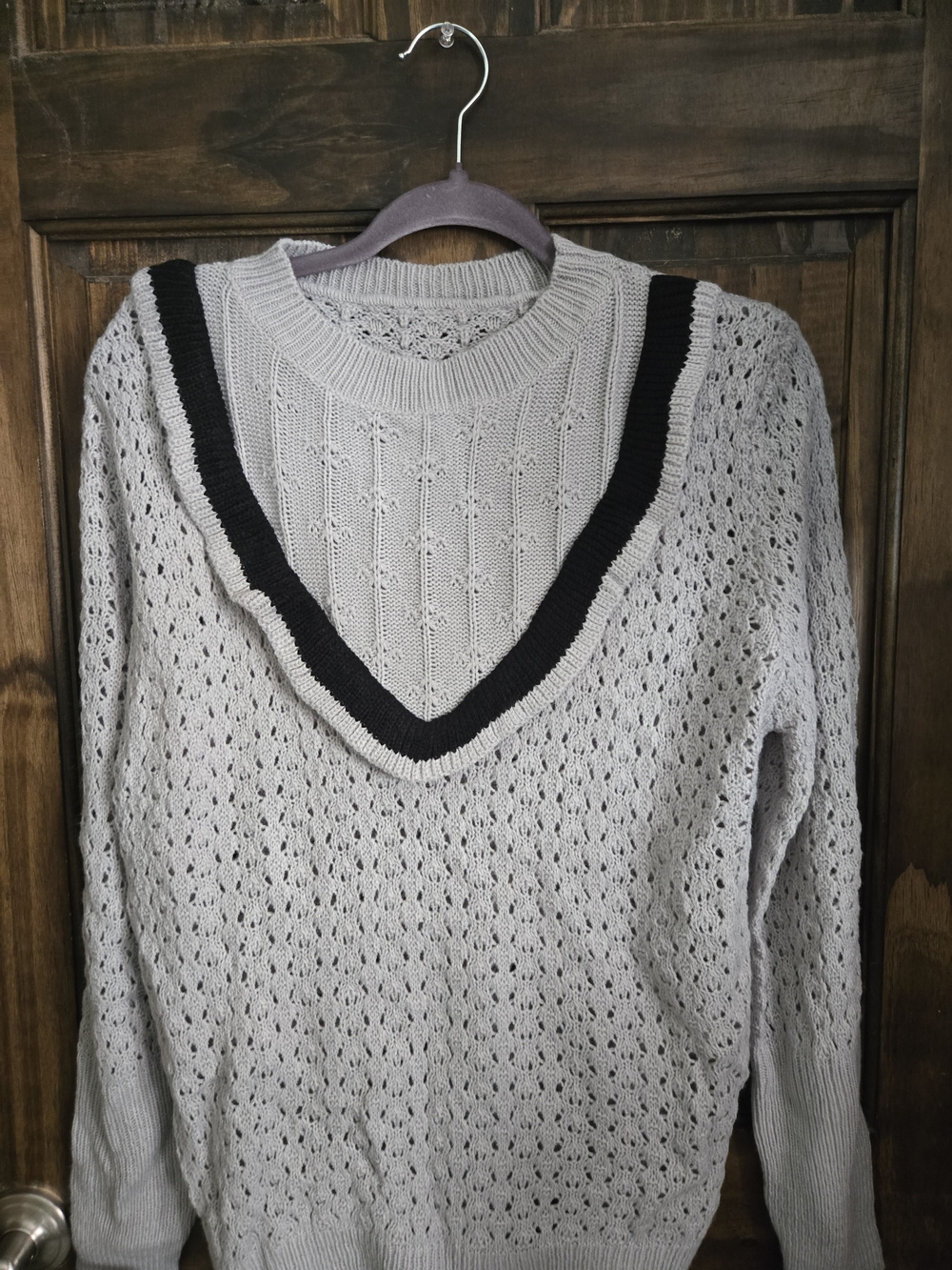 Light Gray Knit V-Neck Sweater with Black Trim NWOT - Picture 1 of 2